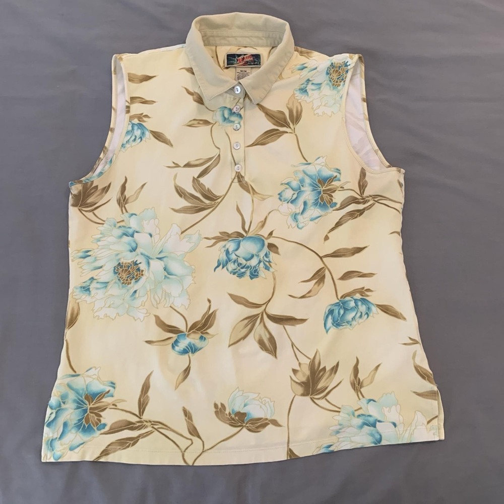 La Cabana Polo Shirt Womens Medium Beige Floral Sleeveless Stretch Tropical